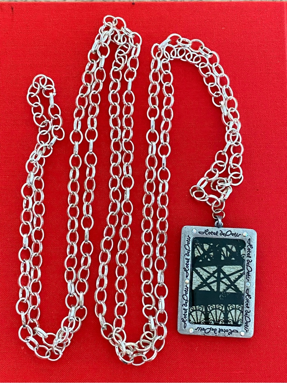 Silver Tone Pendant Necklace with Graphic Rectangular Charm